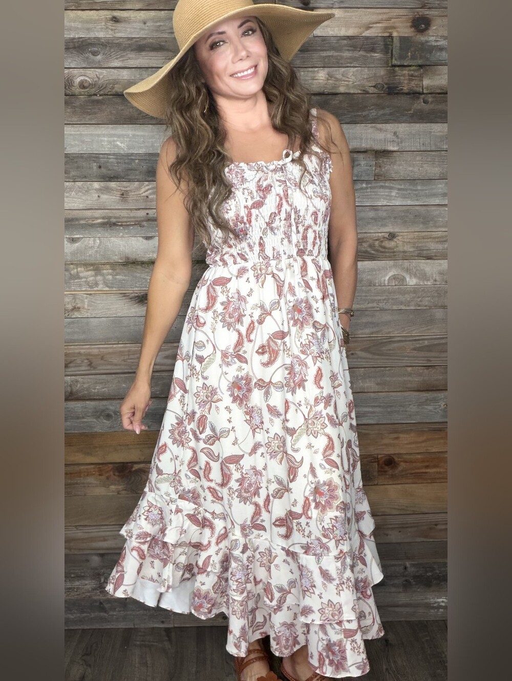 GRACE KARIN Paisley Floral Smocked Maxi Dress Ruffle Hem Boho M - Picture 2 of 10